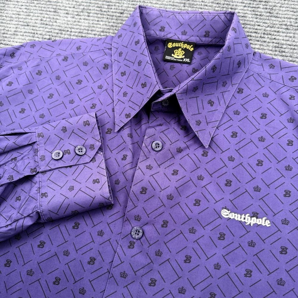 Vintage Southpole Button Up Shirt Men's Size 2XL All Over Print Logo Purple Y2K